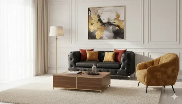 Modern Living room style with Dark Italian Leather Sofa@0.5x - Lifestyle