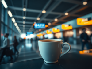 Cup of coffee at the airport, not the best for hydration.