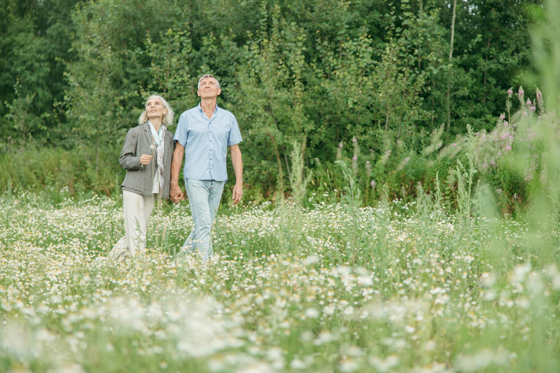 elderly couple walking on a flower field