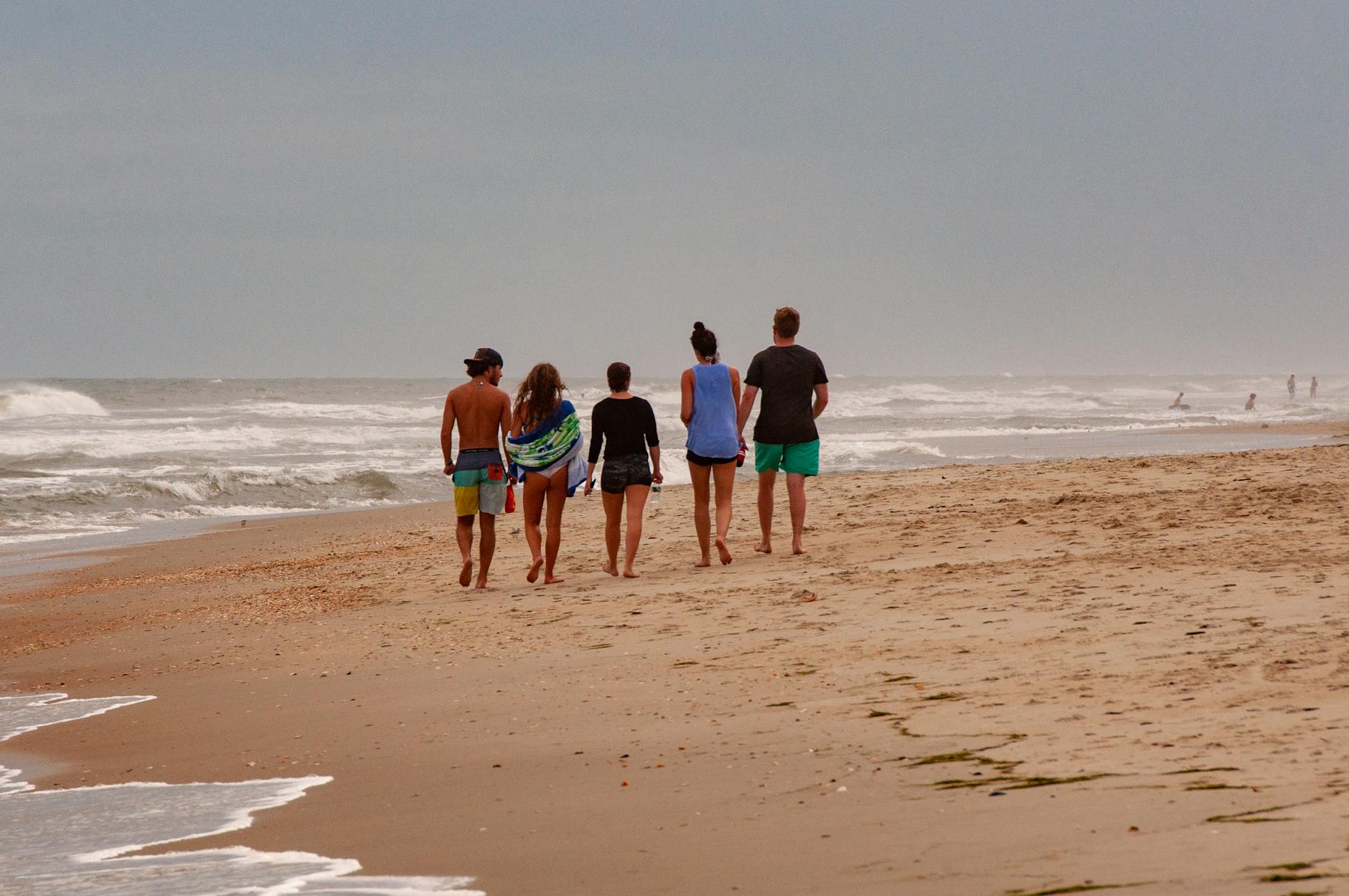 back view of people walking together on the beach