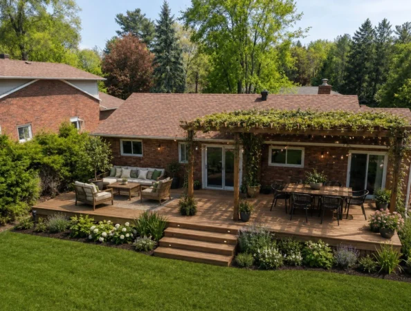 An alternative modern backyard landscaping concept showing a low-profile stone paver patio integrated seamlessly with the house's layout and surrounding lawn.
