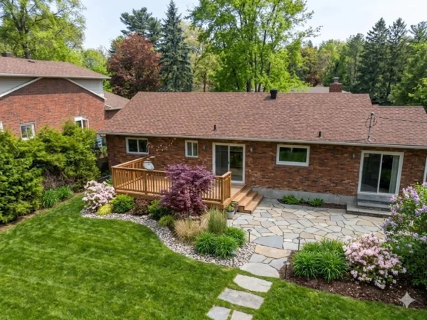 A realistic and simplified backyard patio design with a single level transition, stone pavers, a wooden pergola, and functional space for lounge chairs and outdoor dining.