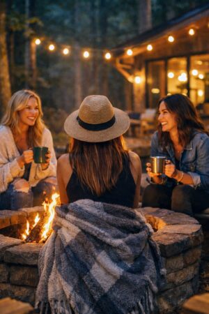 Karen Lake sits with her back to the camera wearing a straw hat and blanket, joined by two friends laughing around a glowing firepit outside The Ren cabin in Hocking Hills, Ohio. String lights and forest trees frame the cozy nighttime scene.