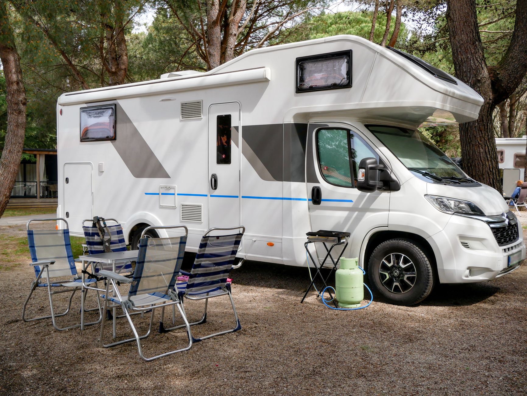family rv camping in scenic forest setting